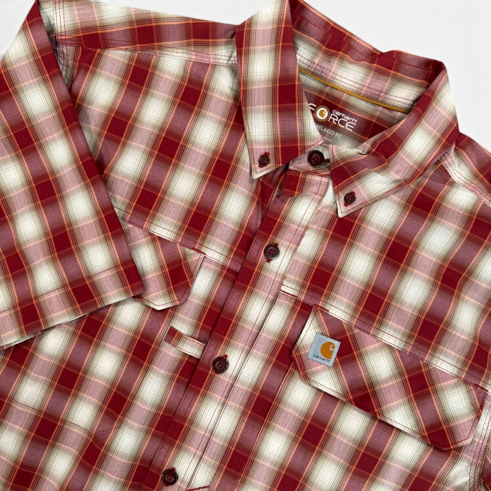 CARHARTT Force Button Up Shirt Mens M Red Plaid Relaxed Short Sleeve Lightweight